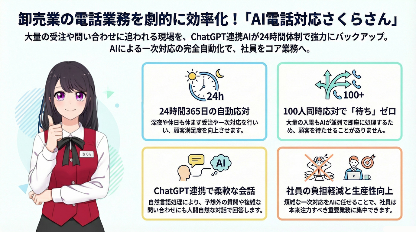 卸売業の電話業務を劇的に効率化!「AI電話対応さくらさん」
