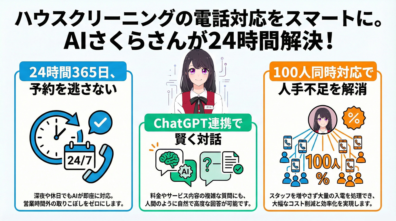 ハウスクリーニングの電話対応をスマートに。AIさくらさんが24時間解決!