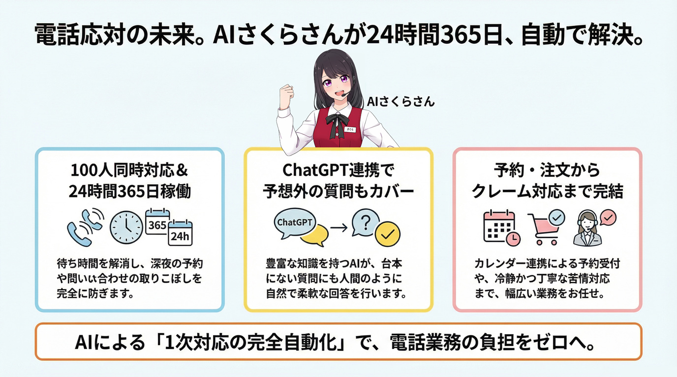 電話応対の未来。AIさくらさんが24時間365日、自動で解決。