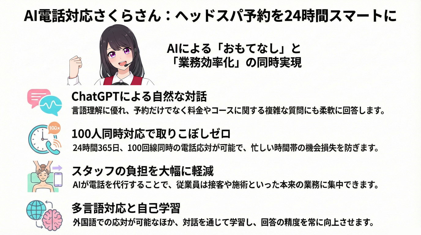 AI電話対応さくらさん:ヘッドスパ予約を24時間スマートに