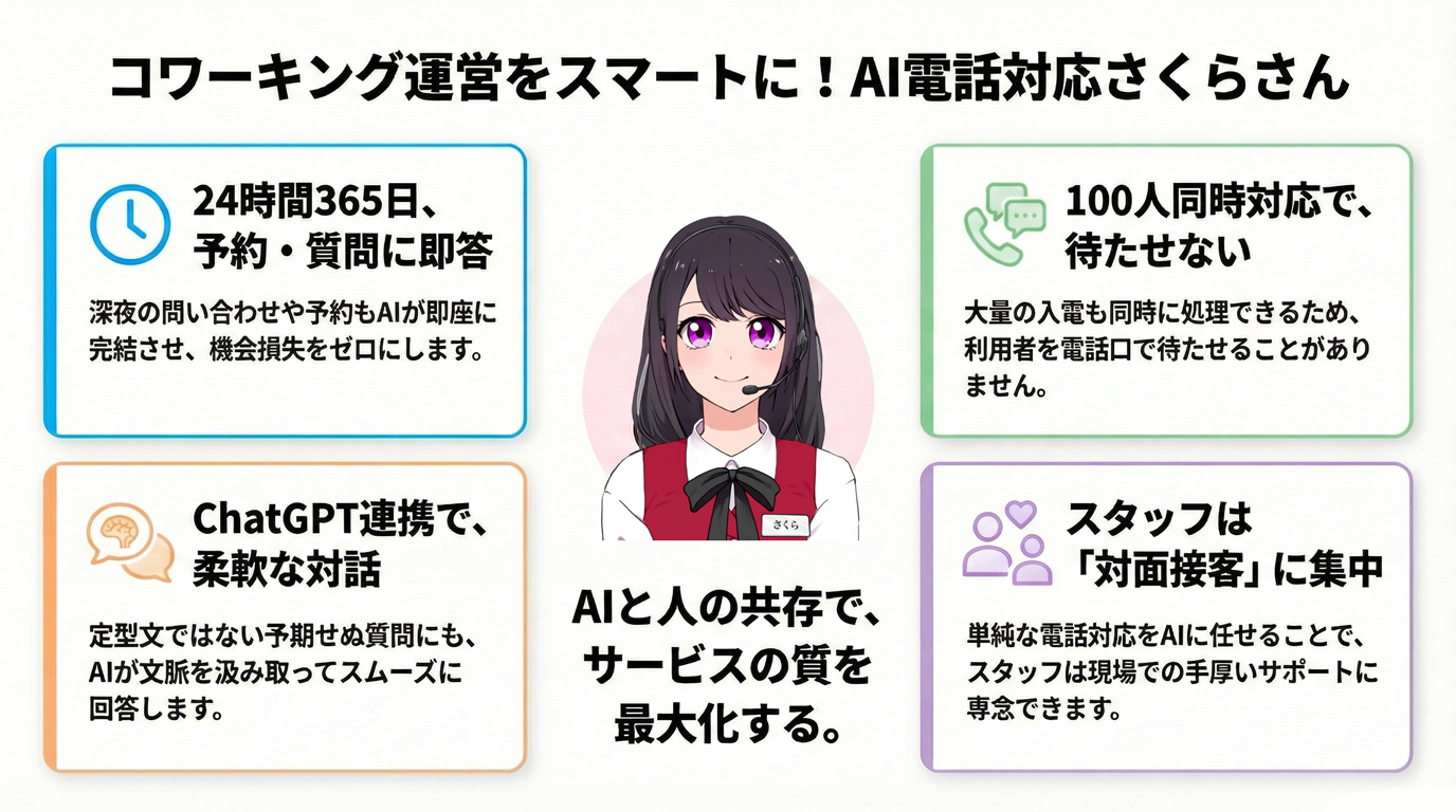 コワーキング運営をスマートに!AI電話対応さくらさん