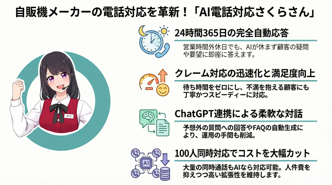 自販機メーカーの電話対応を革新!「AI電話対応さくらさん」