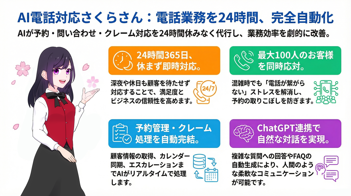 AI電話対応さくらさん:電話業務を24時間、完全自動化