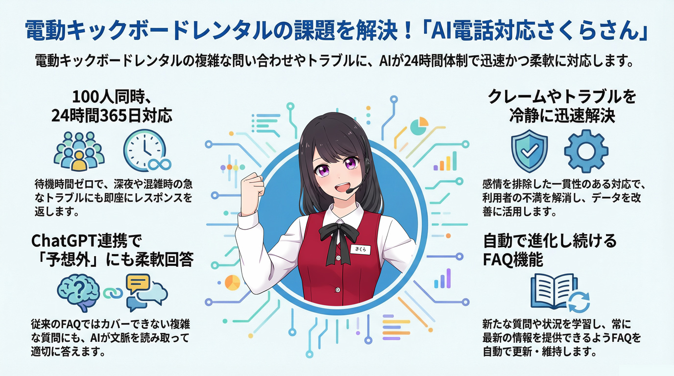 電動キックボードレンタルの課題を解決!「AI電話対応さくらさん」
