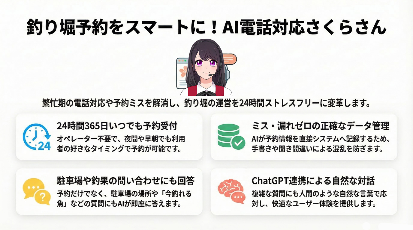釣り堀予約をスマートに!AI電話対応さくらさん