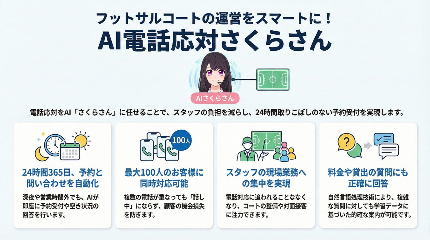 フットサルコートの運営をスマートに!AI電話応対さくらさん