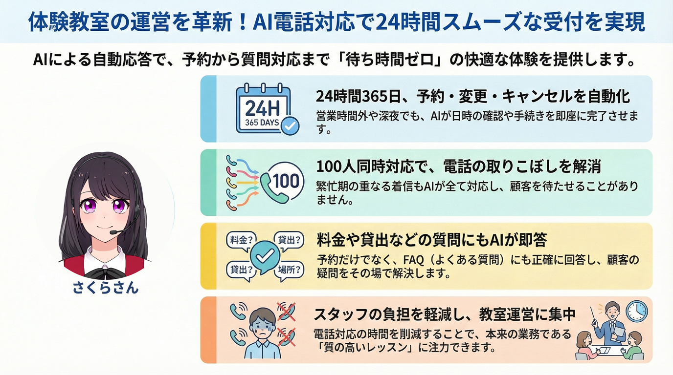 体験教室の運営を革新!AI電話対応で24時間スムーズな受付を実現