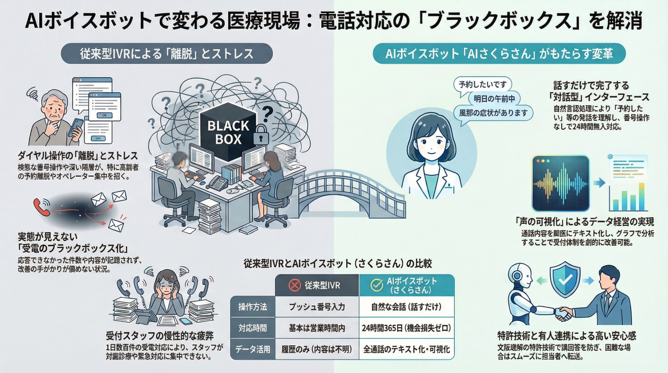 AI時代の音声ガイダンスとは？IVRとボイスボットの違い・メリットを医療現場の「可視化」事例で解説