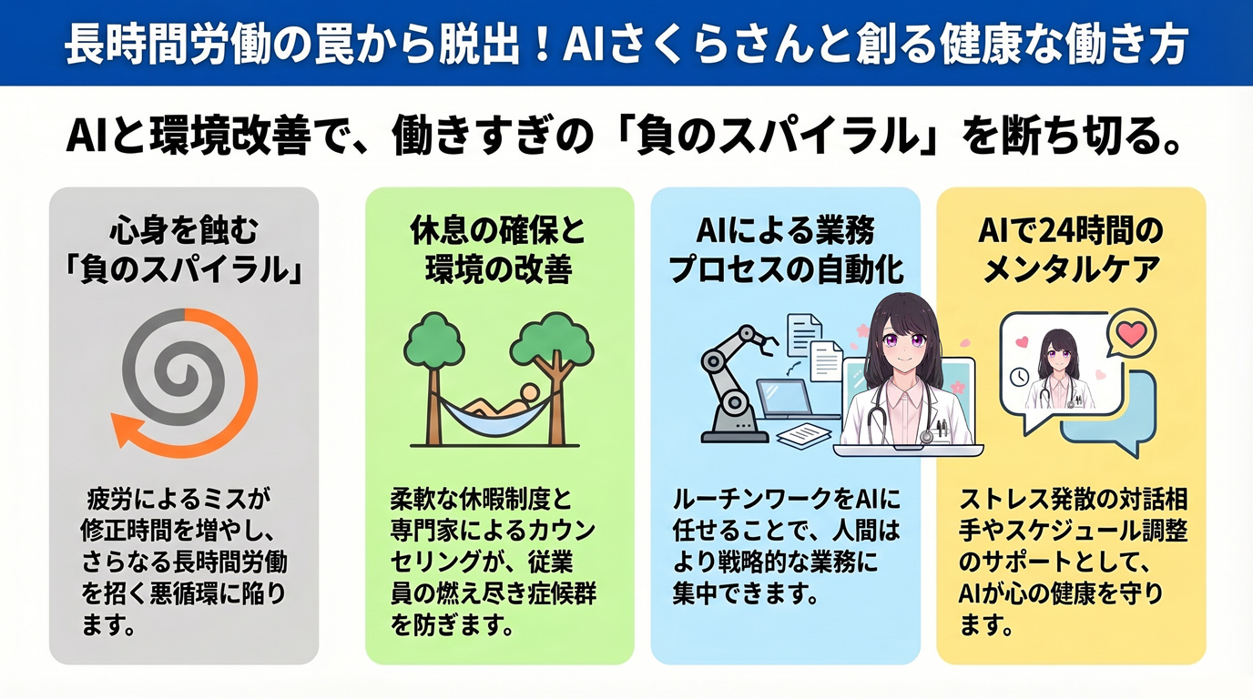 長時間労働の罠から脱出!AIさくらさんと創る健康な働き方 AIと環境改善で、働きすぎの「負のスパイラル」を断ち切る。