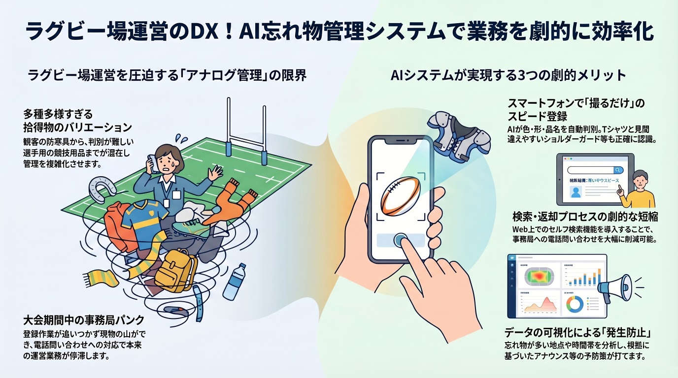 ラグビー場運営の課題を解決!AI忘れ物管理システムによる業務効率化とDX推進