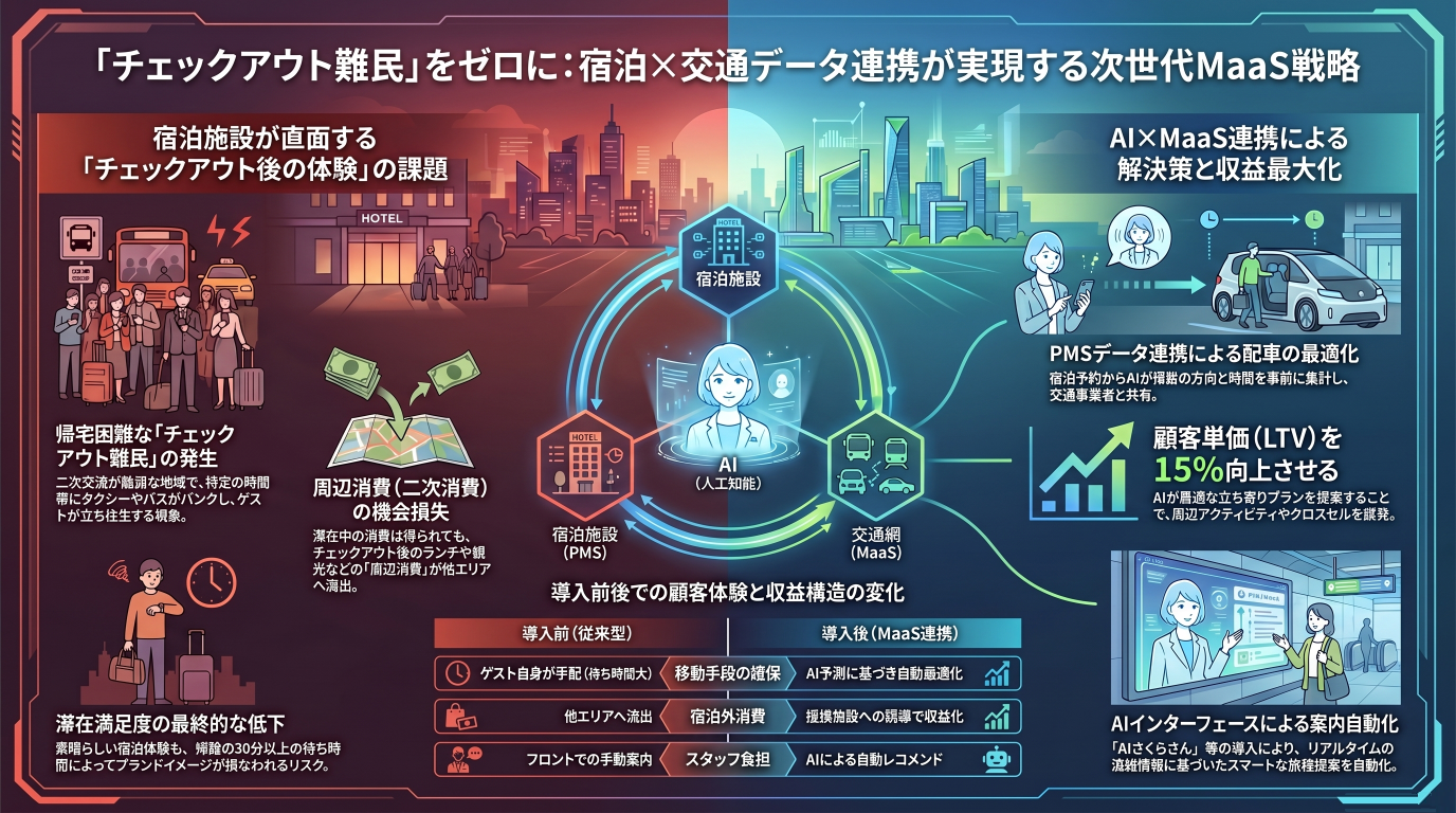 「チェックアウト難民」をゼロに。宿泊×交通データ連携が実現する、顧客単価15%アップのMaaS戦略