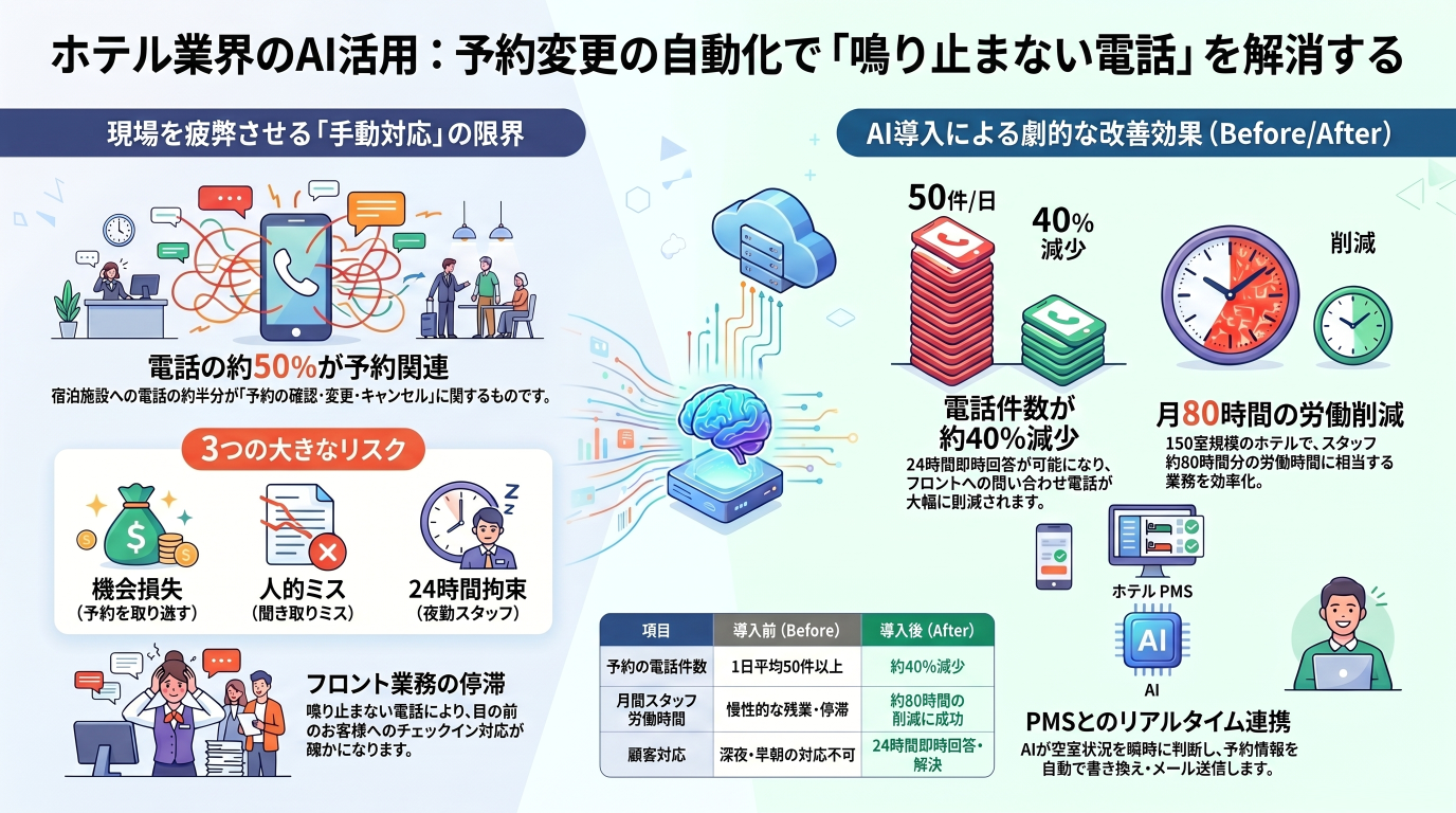 ホテル業界のAI活用：予約変更の自動化で「鳴り止まない電話」と「フロントの混雑」を解消する