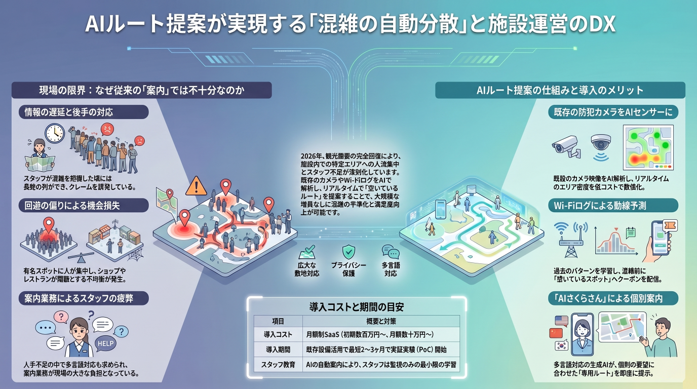 観光施設・テーマパーク運営者向け：AIルート提案が実現する「混雑の自動分散」と満足度向上