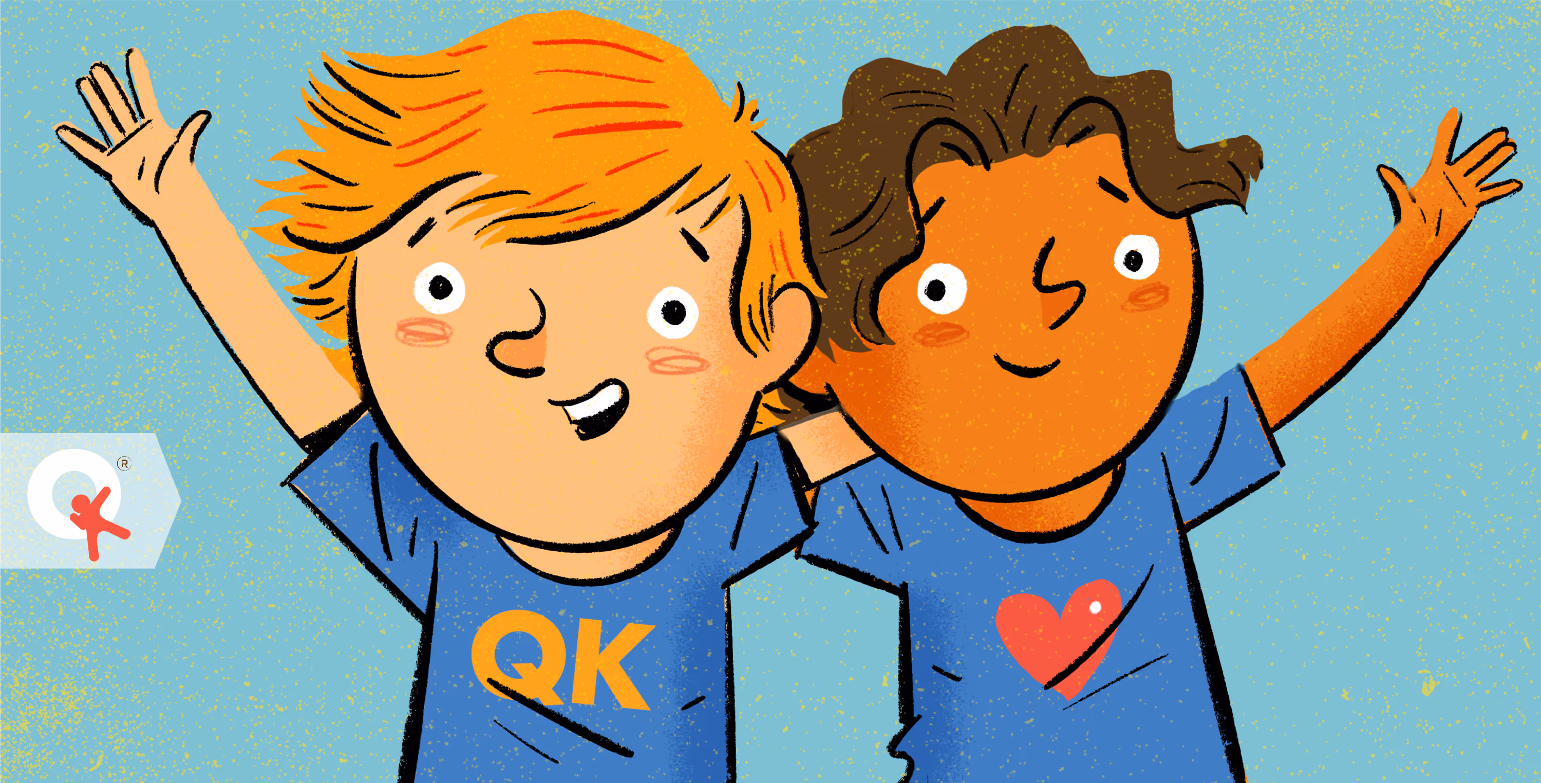 A warm, colorful illustration of two young children standing side-by-side with their arms raised in excitement. The child on the left has blonde hair and a blue t-shirt with "QK" in orange, while the child on the right has brown hair and a blue t-shirt with a red heart. Both have rosy cheeks and happy expressions against a textured teal background.