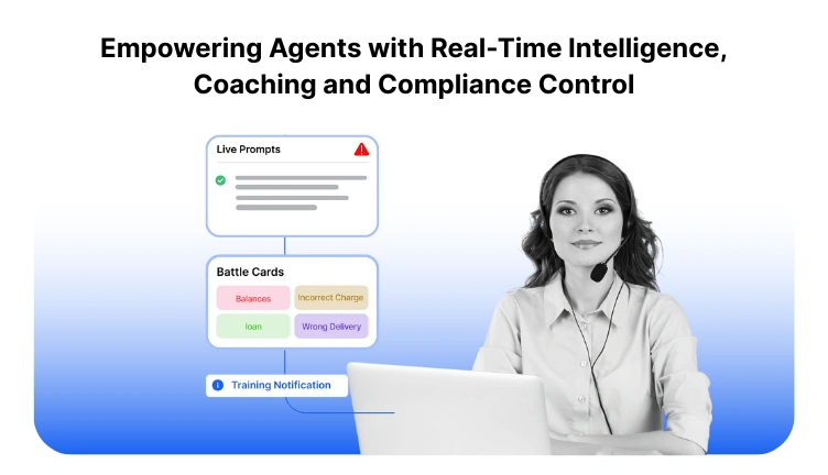 Banking agent supported by AI prompts, coaching modules, and compliance alerts during a live customer call