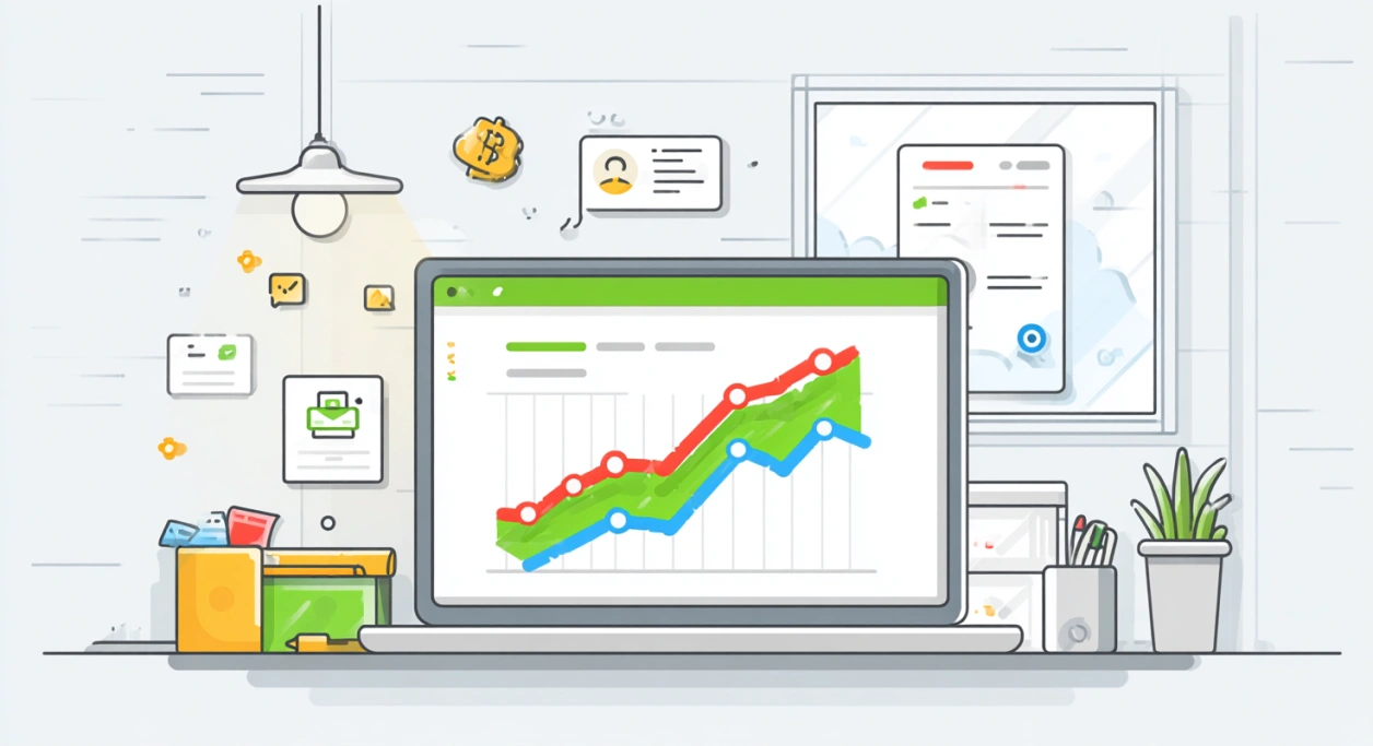 Analytics dashboard showing rising conversions and reduced bounce rate, designed to boost website conversions.