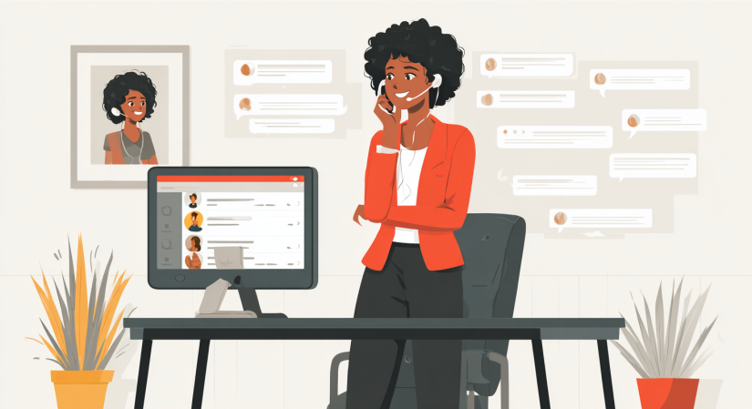 Customer support agent at desk with chat messages