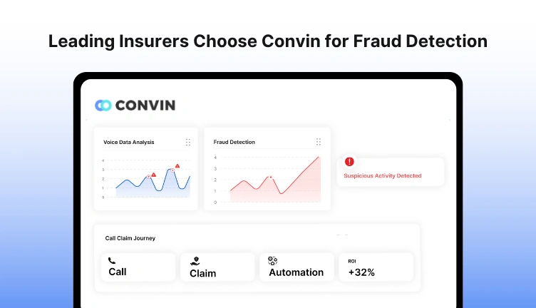 Convin dashboard showcasing voice analysis and real-time insurance fraud detection AI.