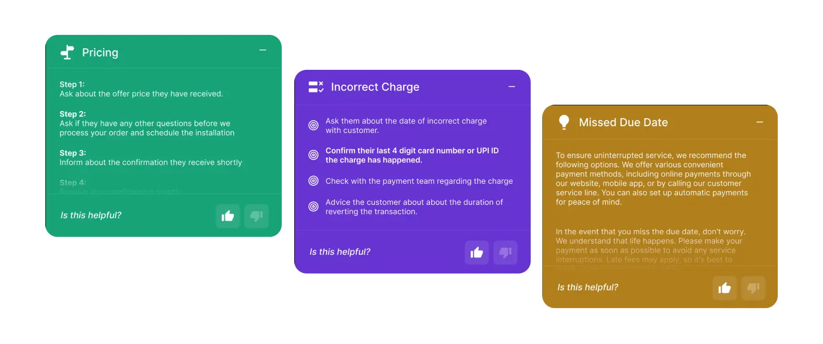 Various battlecards in Convin’s Agent Assist