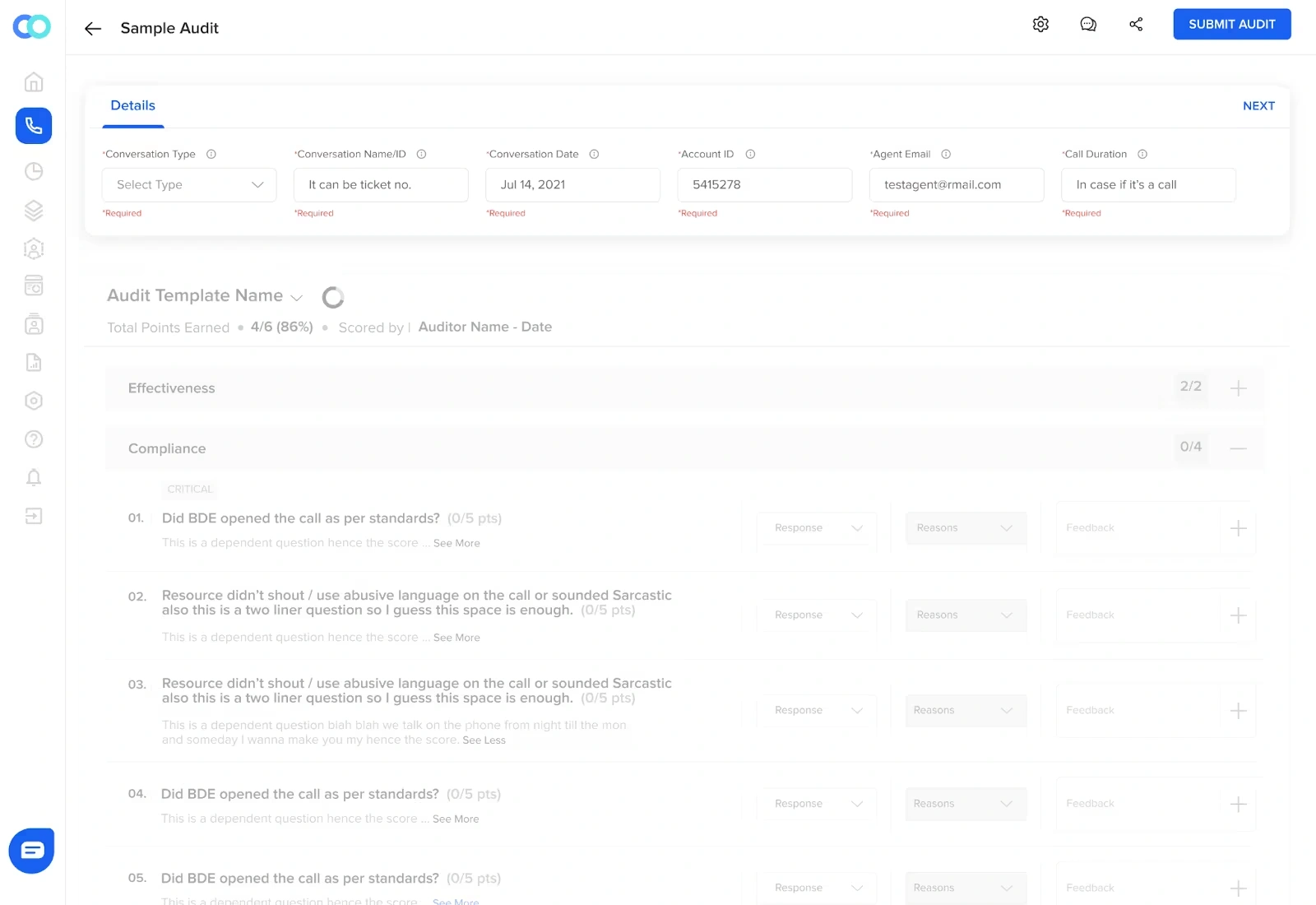 A sample audit section of the Convin call center automation solution