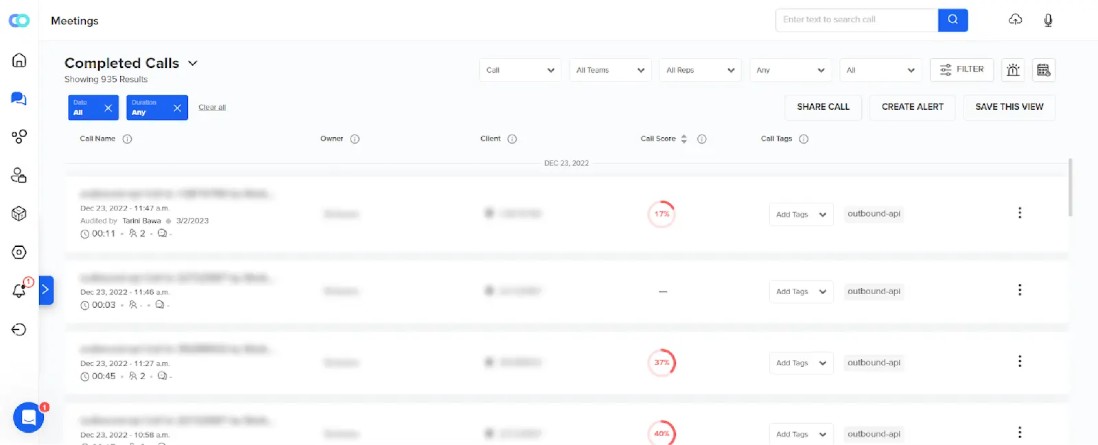 Meetings dashboard to navigate to Convin quality assurance