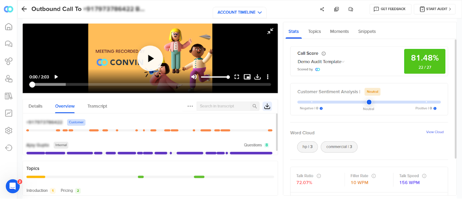 Convin Automated Call Center Quality Assurance Dashboard