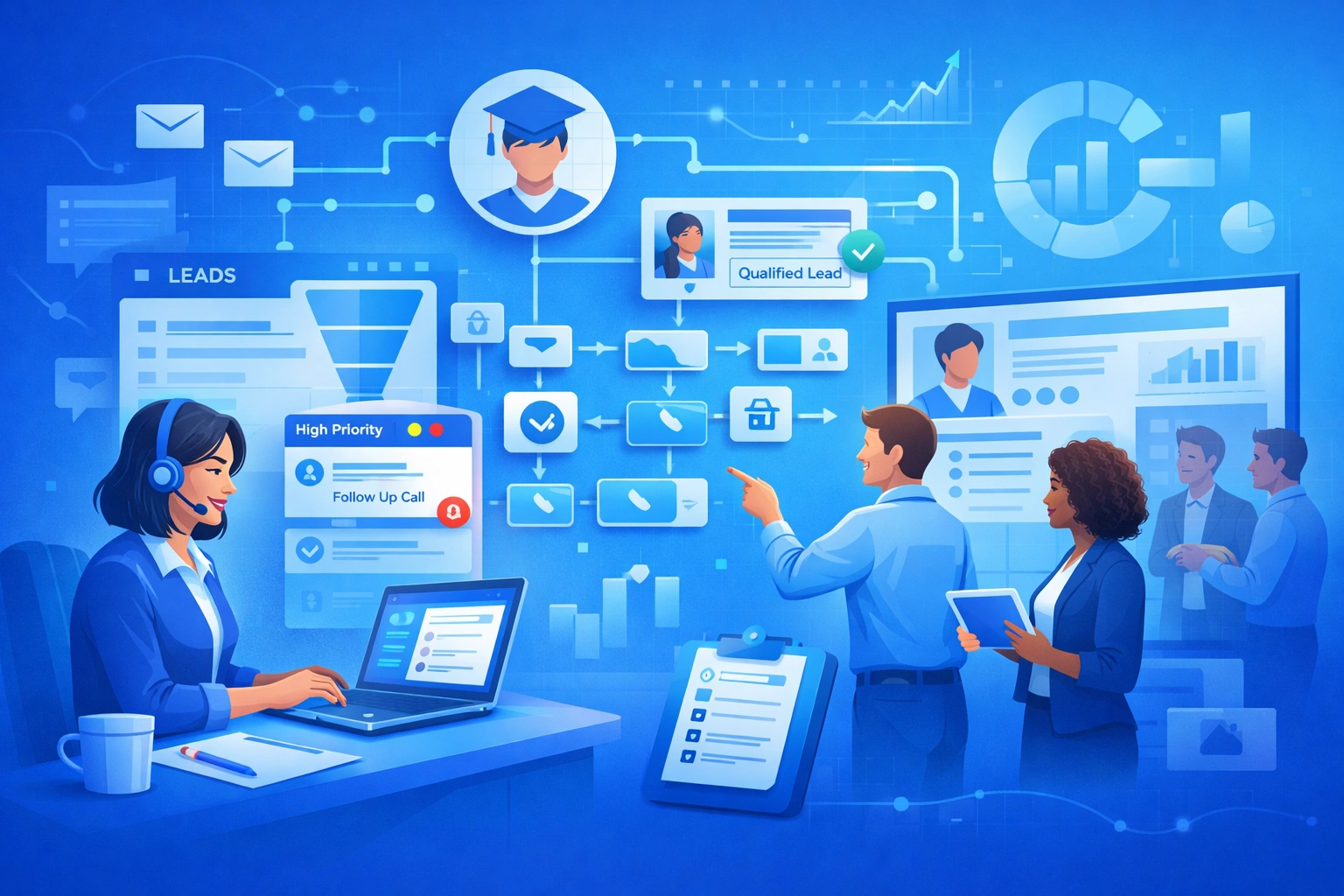 Admissions team using EdTech CRM dashboard with voice AI, lead funnel, call tracking, and automated student follow-up tools in a tech-enabled education environment.