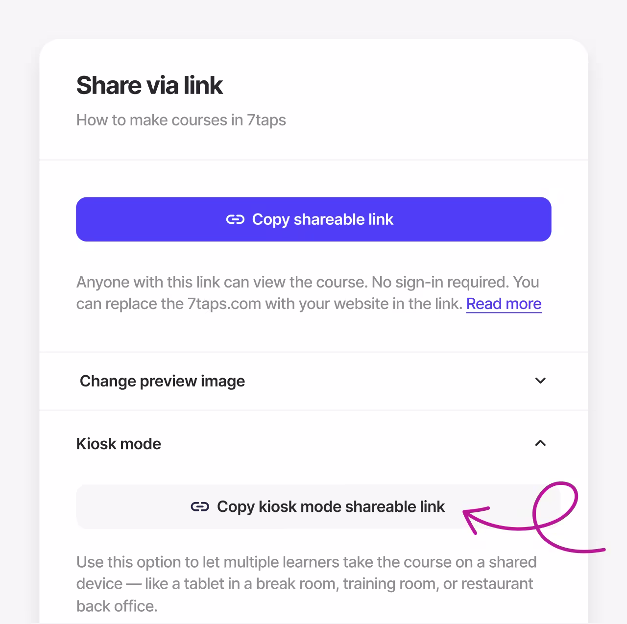 Screenshot of 7taps’ Kiosk Mode sharing option