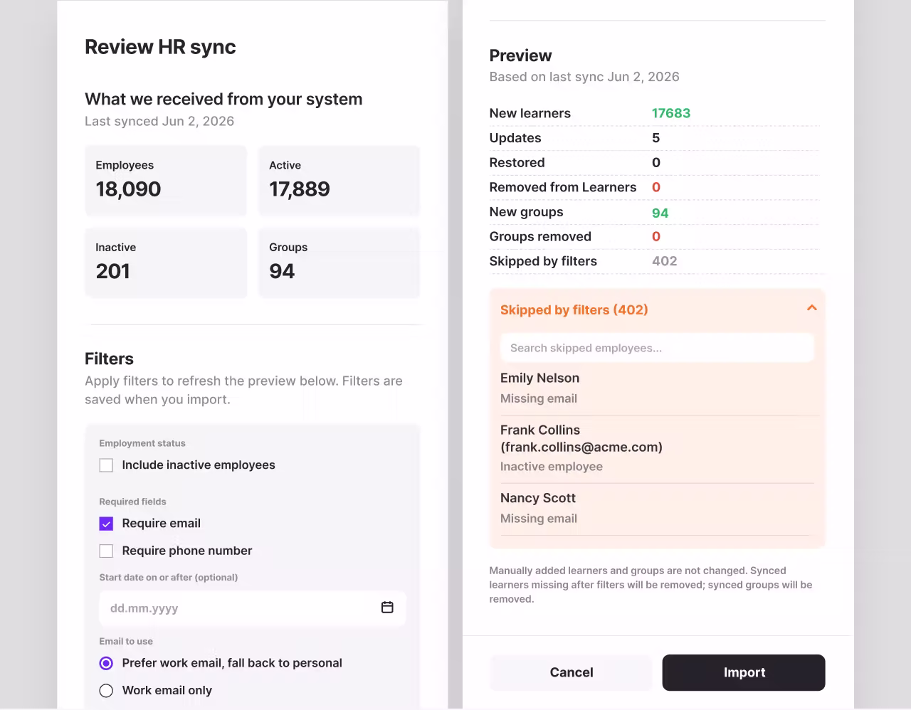 Import preview screen showing filter panel and change summary