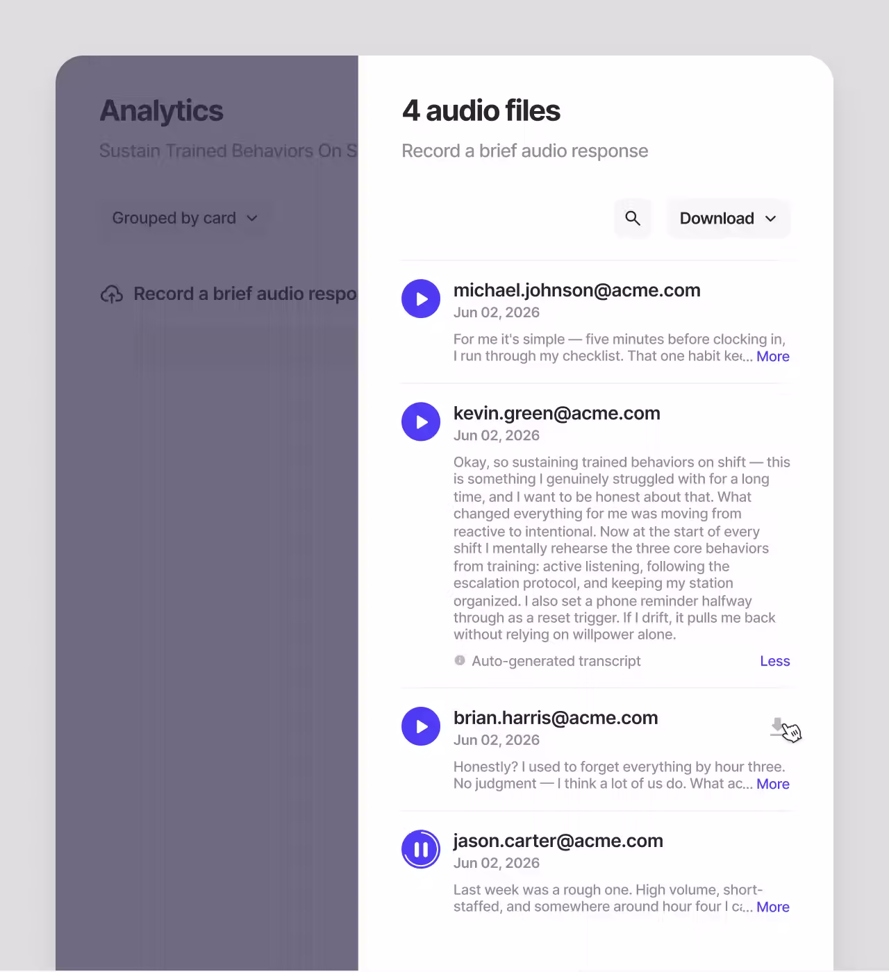 Analytics view with transcript visible inline next to learner name and submission date