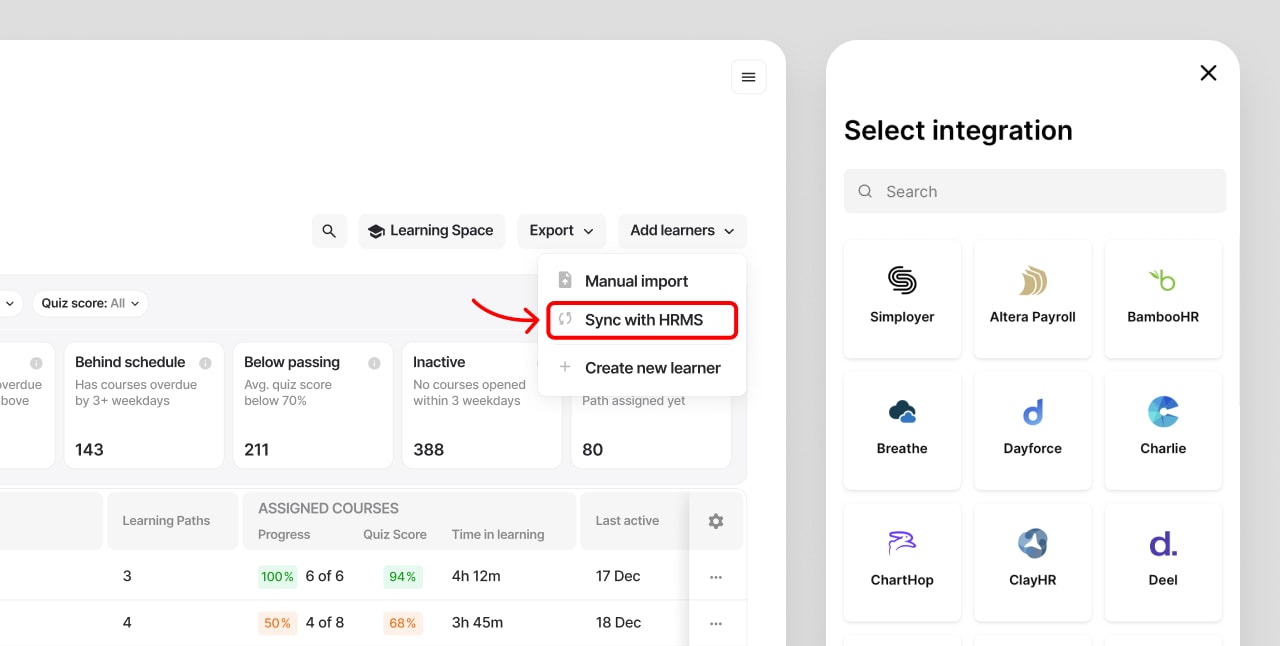 Learners → Add learners → Sync with HRMS