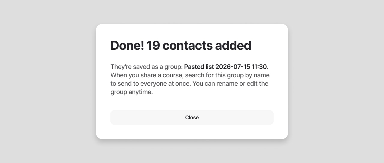Import success window with the group name