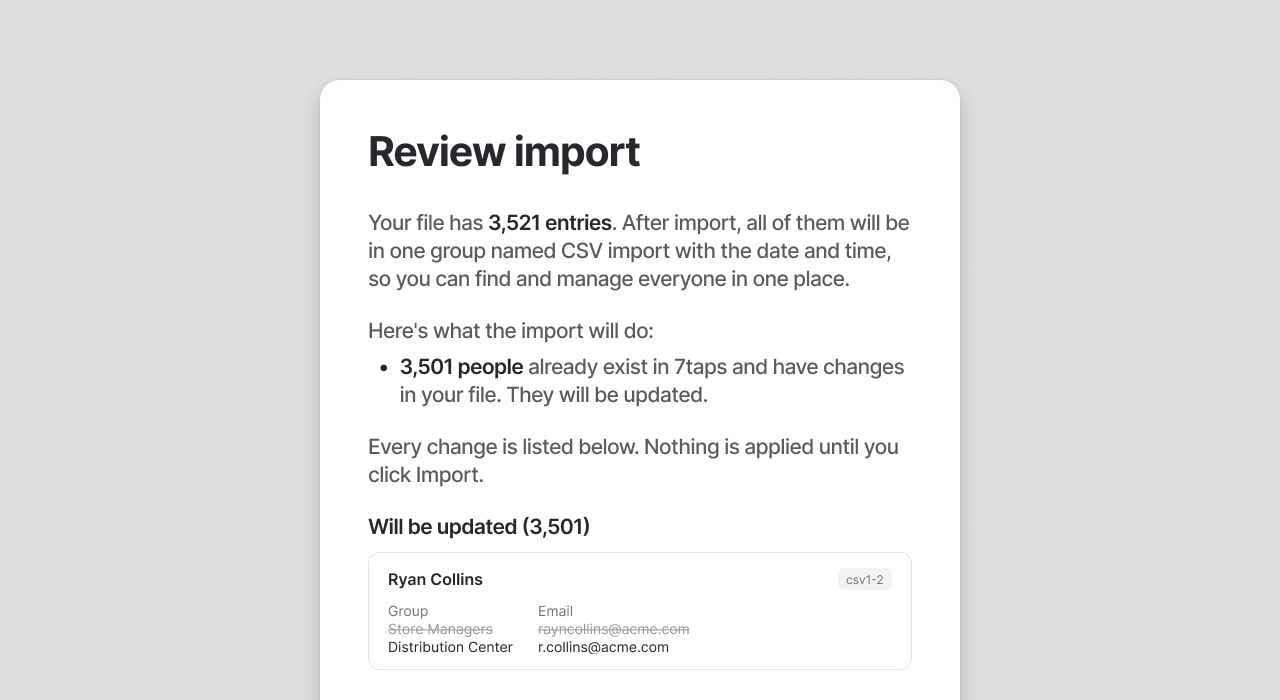 Preview of a CSV upload with changes in the data