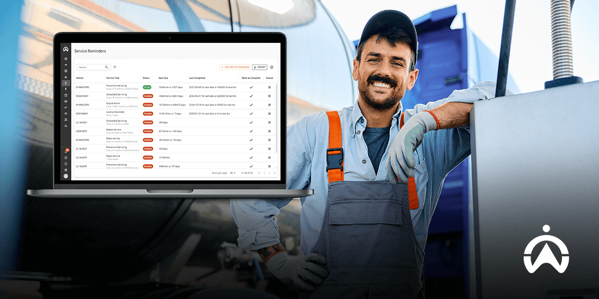 Worker in overalls presenting a laptop screen displaying service reminders.