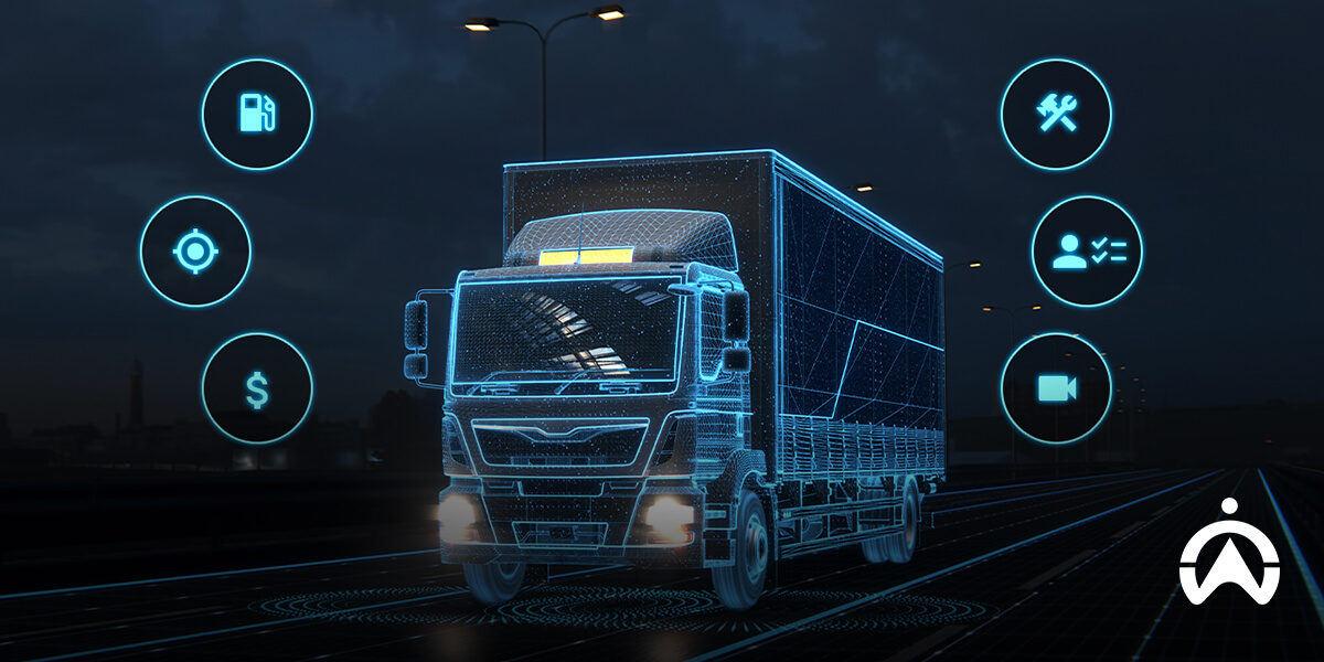 A digital hologram of a truck surrounded by icons for fuel, tools, user management, budget, and video, reflecting vehicle telematic data.