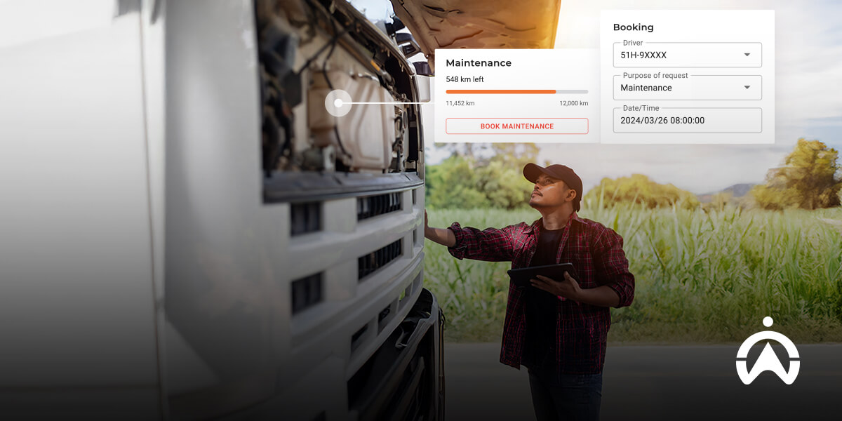 A technician inspects a truck's engine while a booking interface shows maintenance details and scheduling options.
