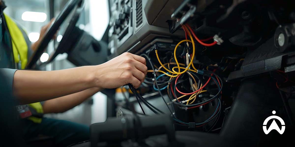 A technician's hand installing a speed limiter device inside a dashboard with numerous colored electrical cables visible.