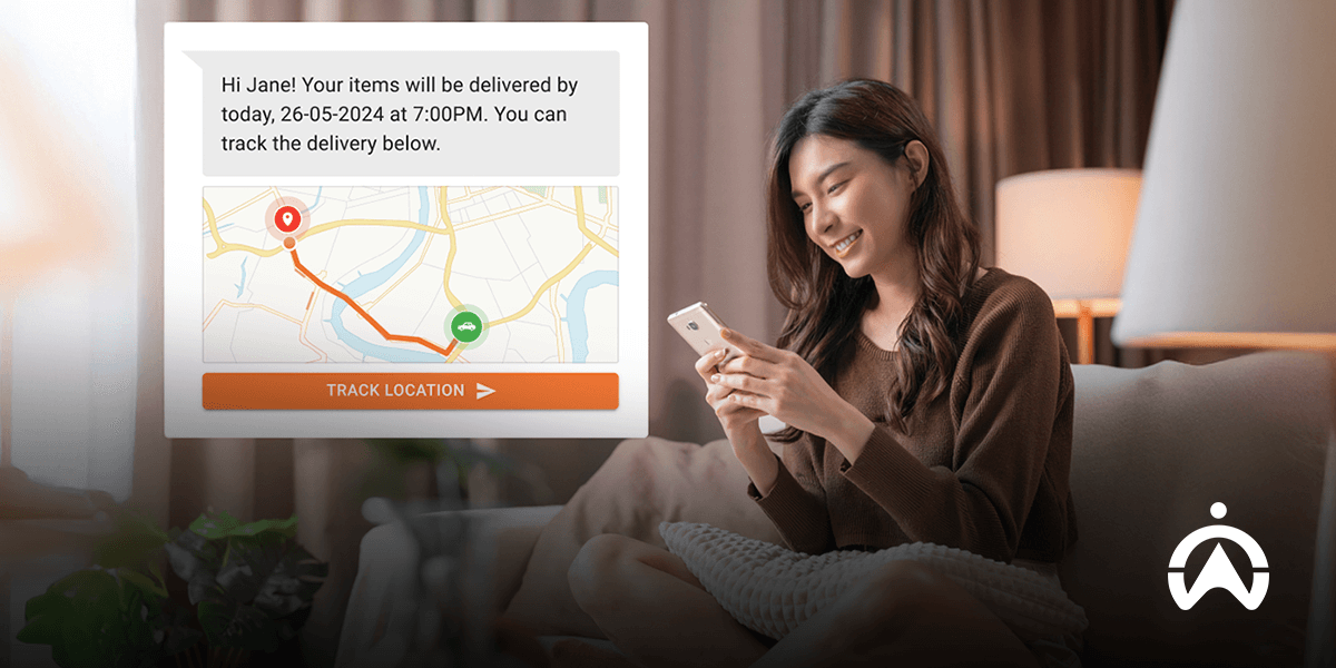 A woman sits on a couch, checking her phone for delivery updates with a map showing the delivery route and estimated arrival time.