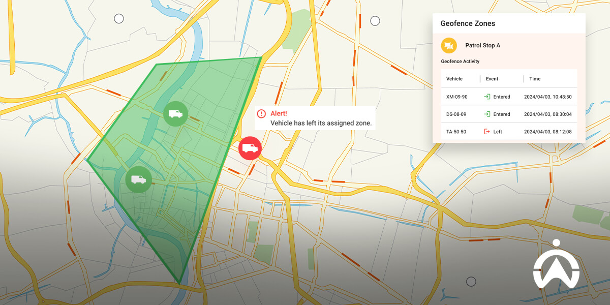 Cartrack geofencing alert showing vehicle leaving assigned zone with truck icons on map.