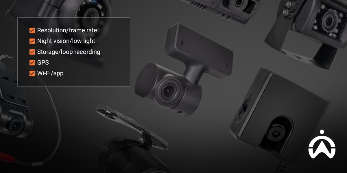Collage of dash cameras with a checklist of features for choosing an LTA Compliant Dashcam or Camera.