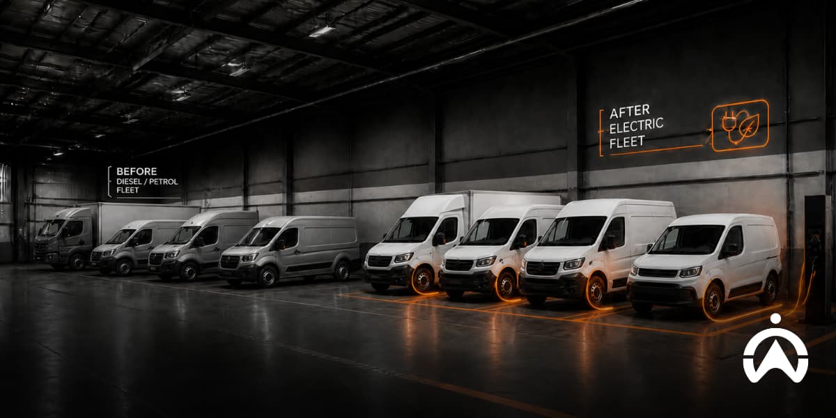 Fleet of diesel and electric vans lined up inside a warehouse for electric fleet migration.