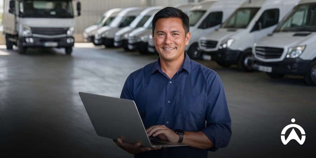 **Alt Text:**  > Warehouse manager holding a laptop while overseeing fleet management for electric fleet (EV) migration.