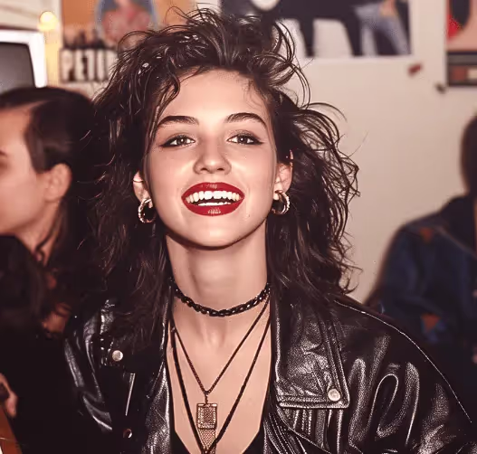 A woman wearing a black leather jacket and red lipstick