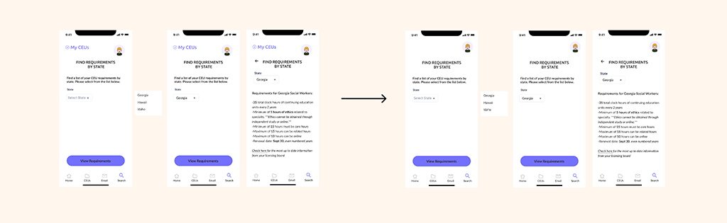 Mockups for finding license requirements by state.