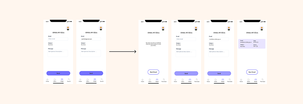 Prototype iterations for emailing CEUs feature version 1 left and version 2 right.