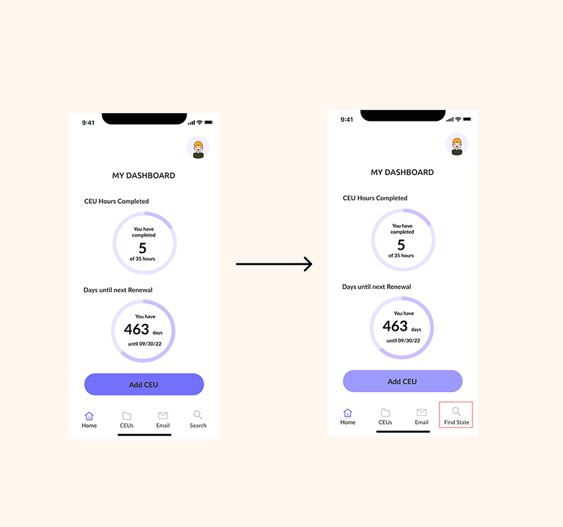 Prototype iterations for finding license requirements by state feature version 1 left and version 2 right.