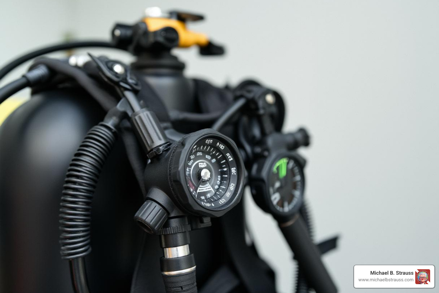 a regulator set attached to a scuba tank - Essential diving equipment