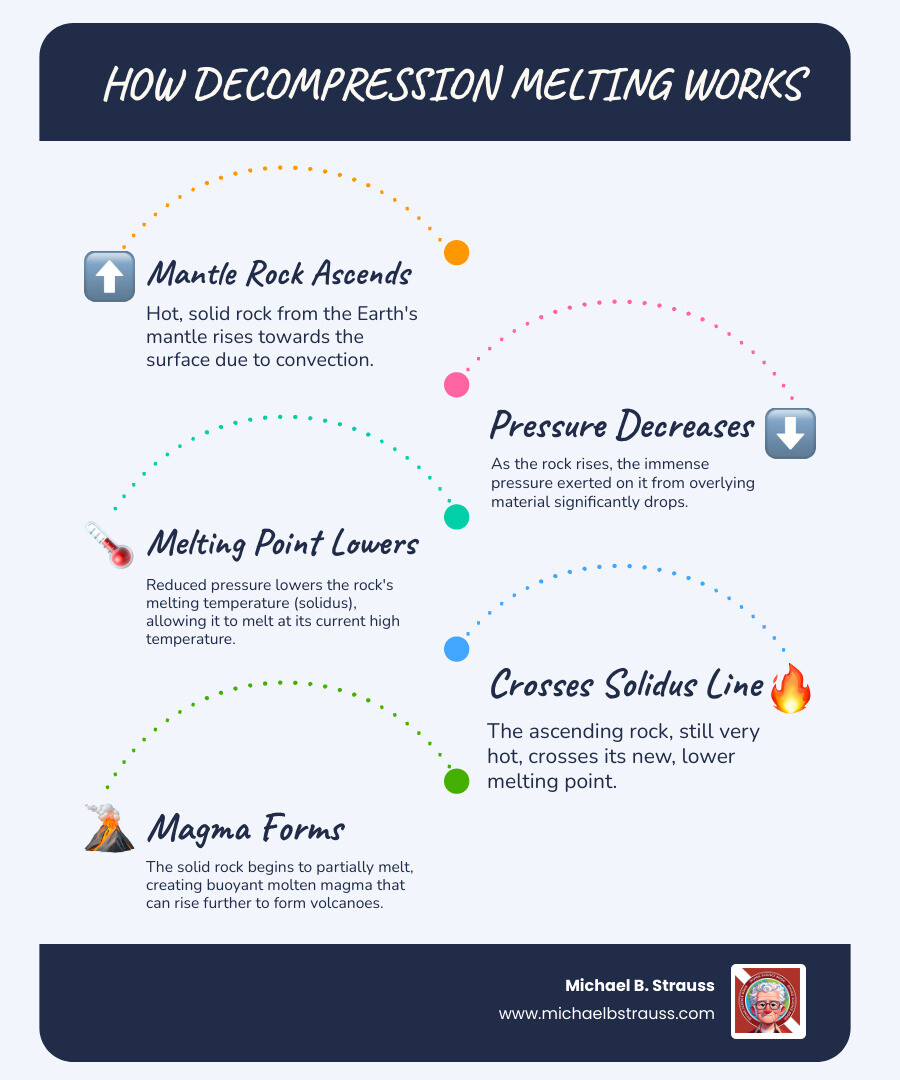 Infographic illustrating how decreasing pressure allows solid rock to melt, even without an increase in temperature, by showing the relationship between pressure, temperature, and the solidus line for mantle rock. - decompression melting definition science infographic infographic-line-5-steps-blues-accent_colors