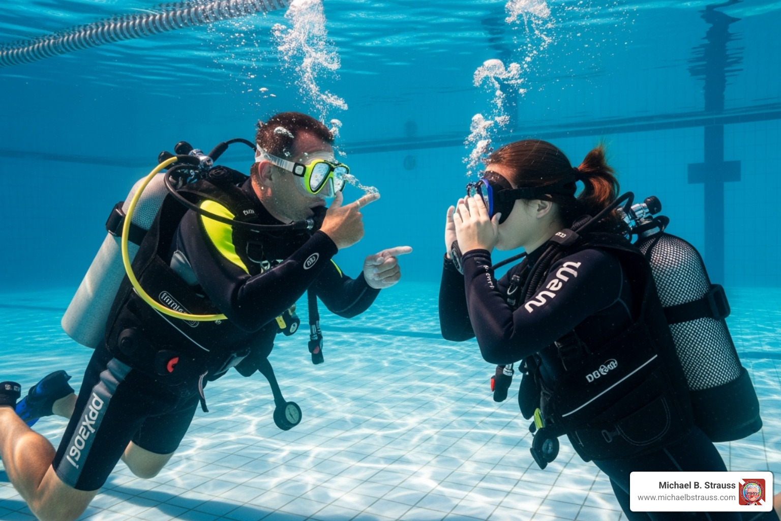 A dive instructor teaching a student in a pool - Safe diving practices