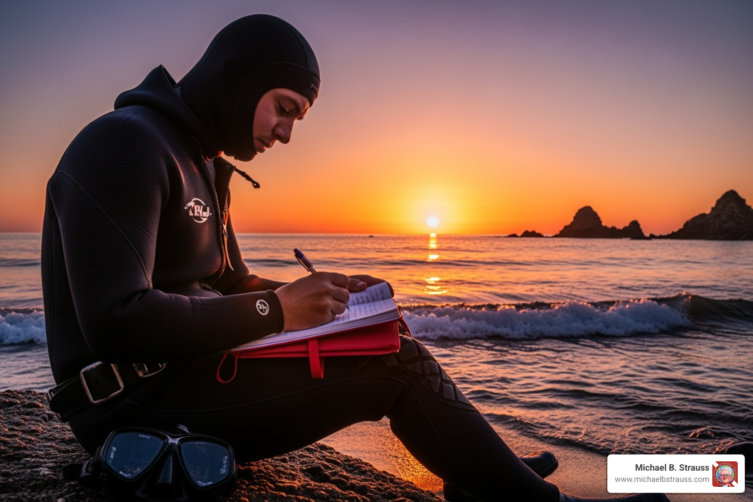 A diver logging their dive in a logbook with a sunset in the background - Safe diving practices